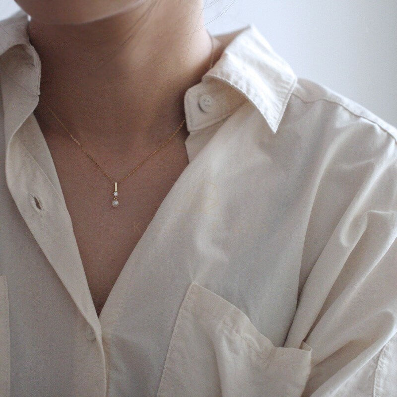 9K Gold Wedding Pearl Necklace, Natural Pearl Drop Pendant Necklace, Minimalist Gold Pearl Pendant Necklace, Floating Pearl Necklace