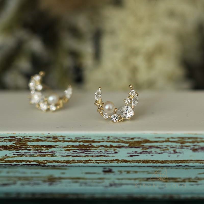 9K Gold Freshwater Pearl Moon Stud Earrings, Art Deco Earrings, Gold Everyday Earrings, Gold Diamond Earrings, Simple Gold Earrings