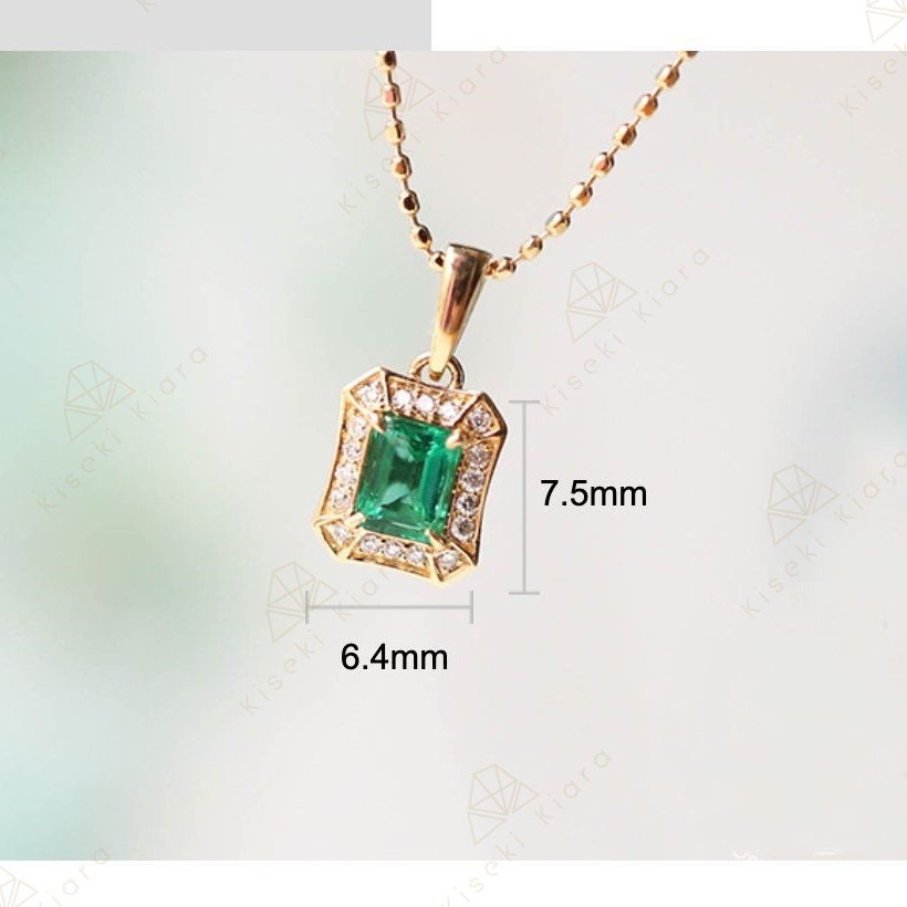 14K Gold Vintage Emerald Pendant Necklace, Emerald Cut Natural Green Emerald Stone, Antique Real Emerald Charm Choker, Edwardian Necklace