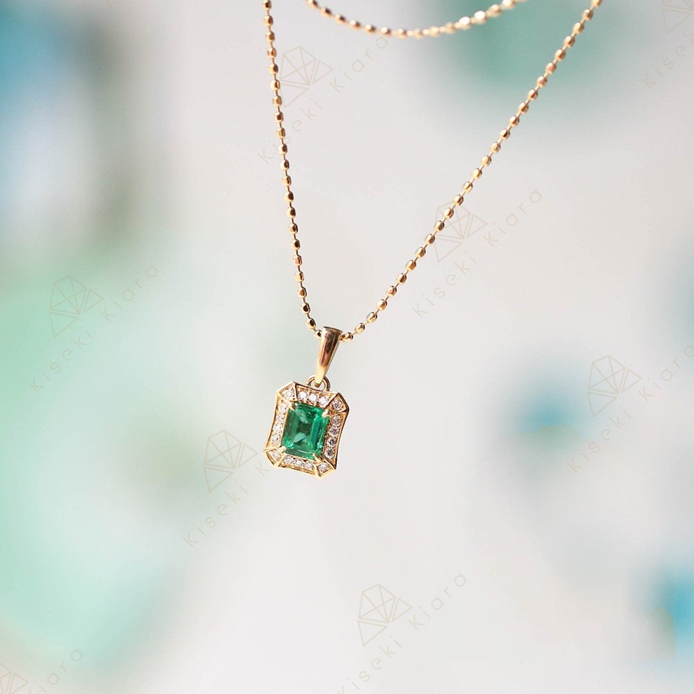 14K Gold Vintage Emerald Pendant Necklace, Emerald Cut Natural Green Emerald Stone, Antique Real Emerald Charm Choker, Edwardian Necklace