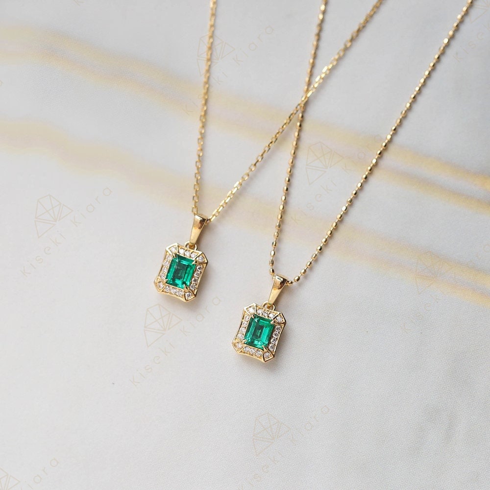 14K Gold Vintage Emerald Pendant Necklace, Emerald Cut Natural Green Emerald Stone, Antique Real Emerald Charm Choker, Edwardian Necklace