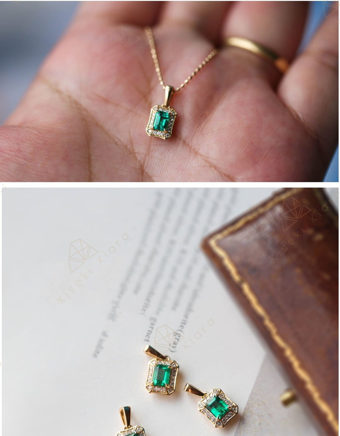 14K Gold Vintage Emerald Pendant Necklace, Emerald Cut Natural Green Emerald Stone, Antique Real Emerald Charm Choker, Edwardian Necklace