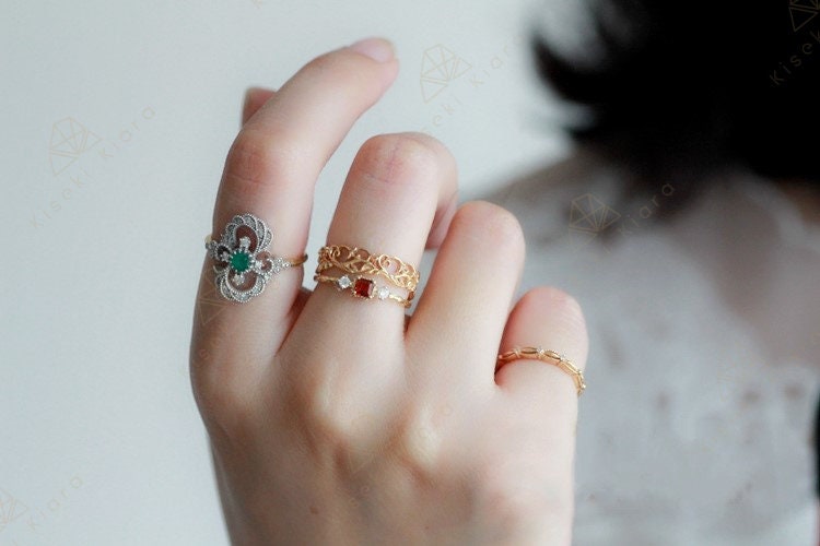 14K Dainty Garnet Diamond Ring, Custom Birthstone Rings, Rose Gold Rings, Cute Promise Rings, Everyday Stackable Rings, Her Birthday Gift
