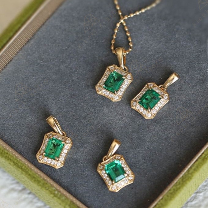 14K Gold Vintage Emerald Pendant Necklace, Emerald Cut Natural Green Emerald Stone, Antique Real Emerald Charm Choker, Edwardian Necklace