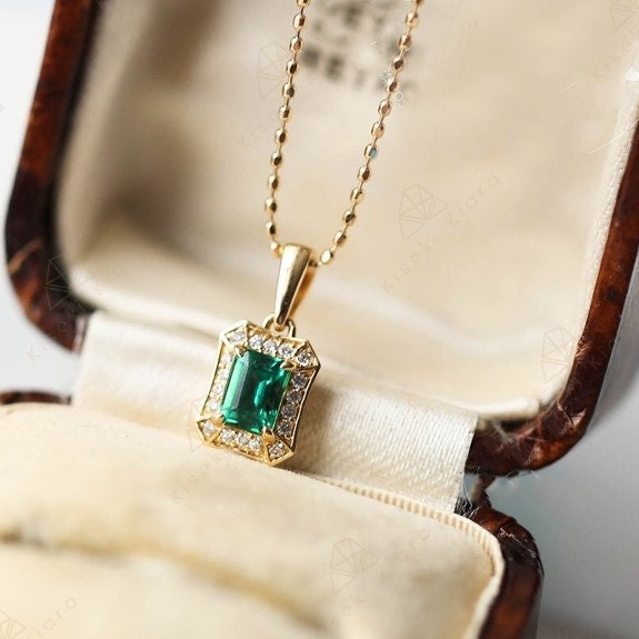 14K Gold Vintage Emerald Pendant Necklace, Emerald Cut Natural Green Emerald Stone, Antique Real Emerald Charm Choker, Edwardian Necklace