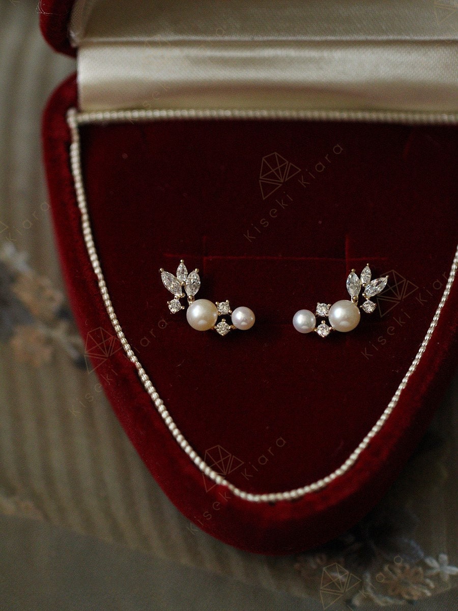 9k Gold Curved Crawler Earrings, Natural Freshwater Pearl Cz Diamond Earrings, Ear Climber Earrings, Nickel Free Hypoallergenic Earrings
