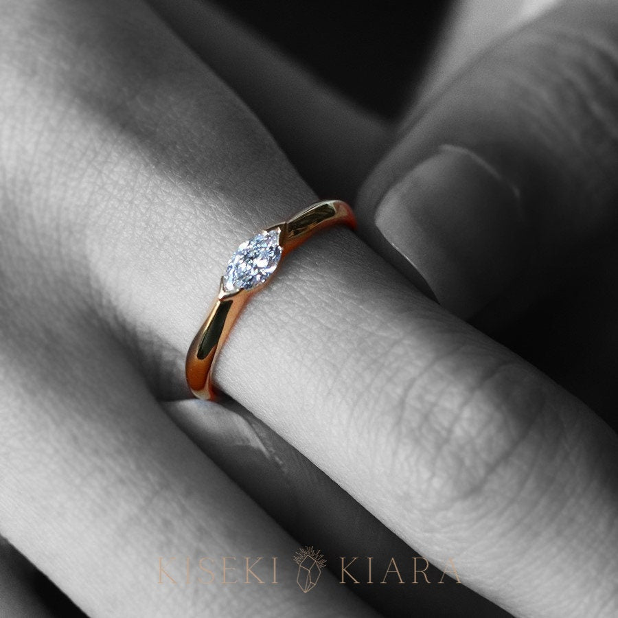 Marquise Signet Engagement Ring, Minimalist Horizontal Marquise Band, Classic Marquise Cut Diamond Wedding Band, Moissanite Promise Ring