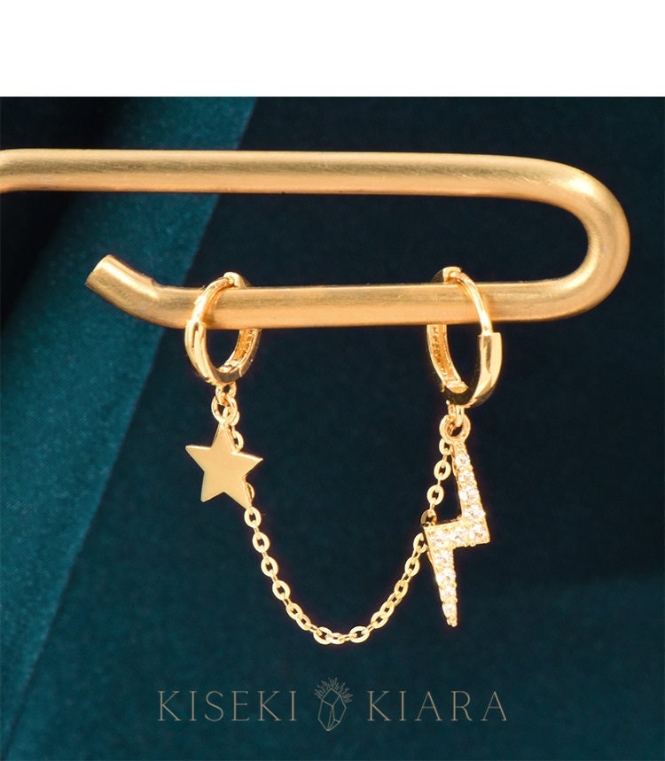Star and Lightning Bolt Chain Link Earrings, Double Lobe Helix Ear Hoop, Two Hole Cartilage Earring, Connected Earrings, Dangle Ear Piercing