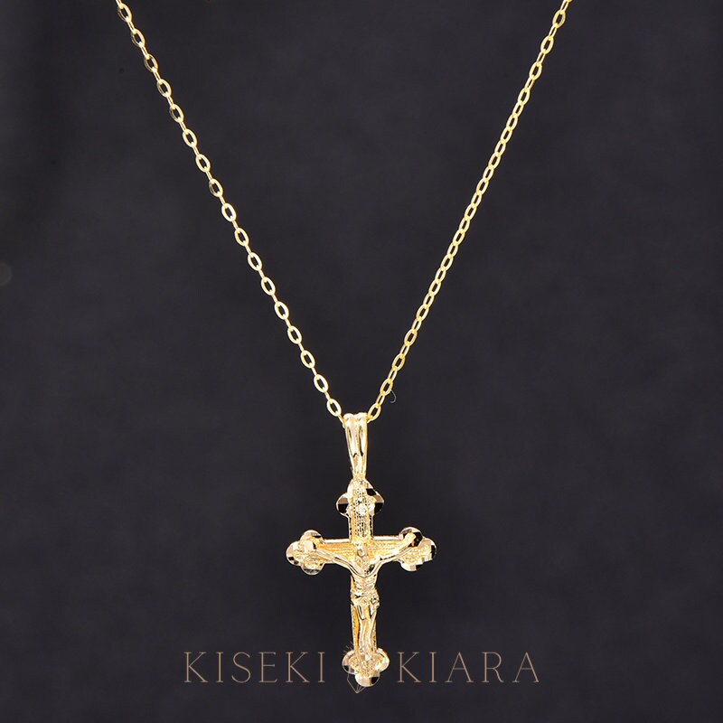 14K Solid Gold Holy Cross Catholic Crucifix Pendant, Celtic Cross Catholic, Jesus Christ Necklace, Dainty Religious Christ Cross Chain