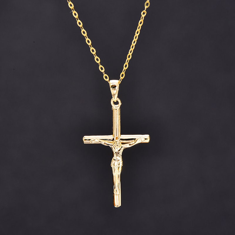 14K Solid Gold Holy Cross Catholic Crucifix Pendant, Celtic Cross Catholic, Jesus Christ Necklace, Dainty Religious Christ Cross Chain
