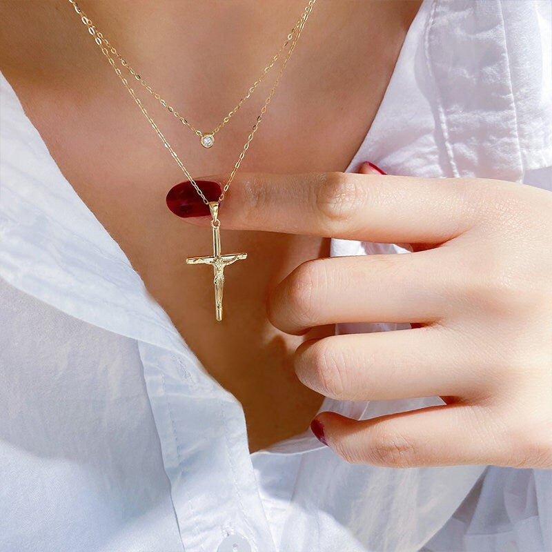 14K Solid Gold Holy Cross Catholic Crucifix Pendant, Celtic Cross Catholic, Jesus Christ Necklace, Dainty Religious Christ Cross Chain