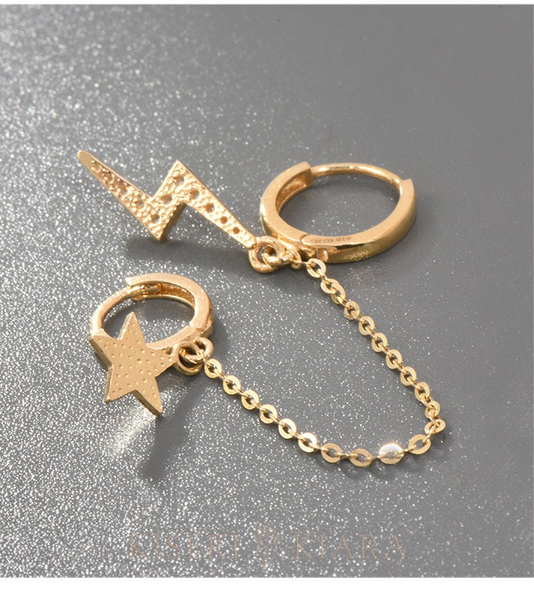 Star and Lightning Bolt Chain Link Earrings, Double Lobe Helix Ear Hoop, Two Hole Cartilage Earring, Connected Earrings, Dangle Ear Piercing