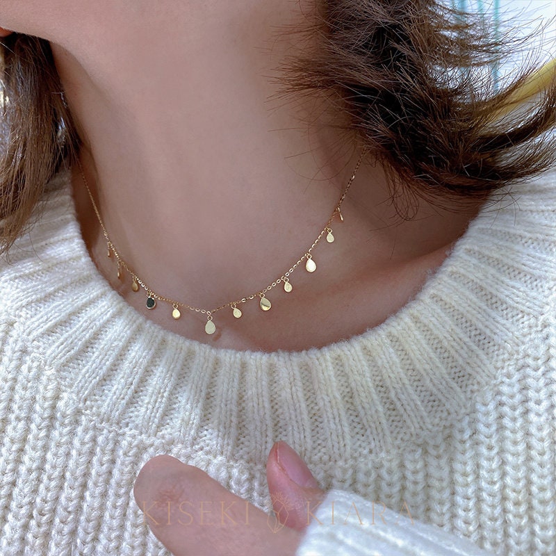 10k Solid Gold Sparkling Dance Round Necklace, Layered Gold Disc Necklace, Round Disk Drop Necklace Round Face, Thin Necklace Small Pendant
