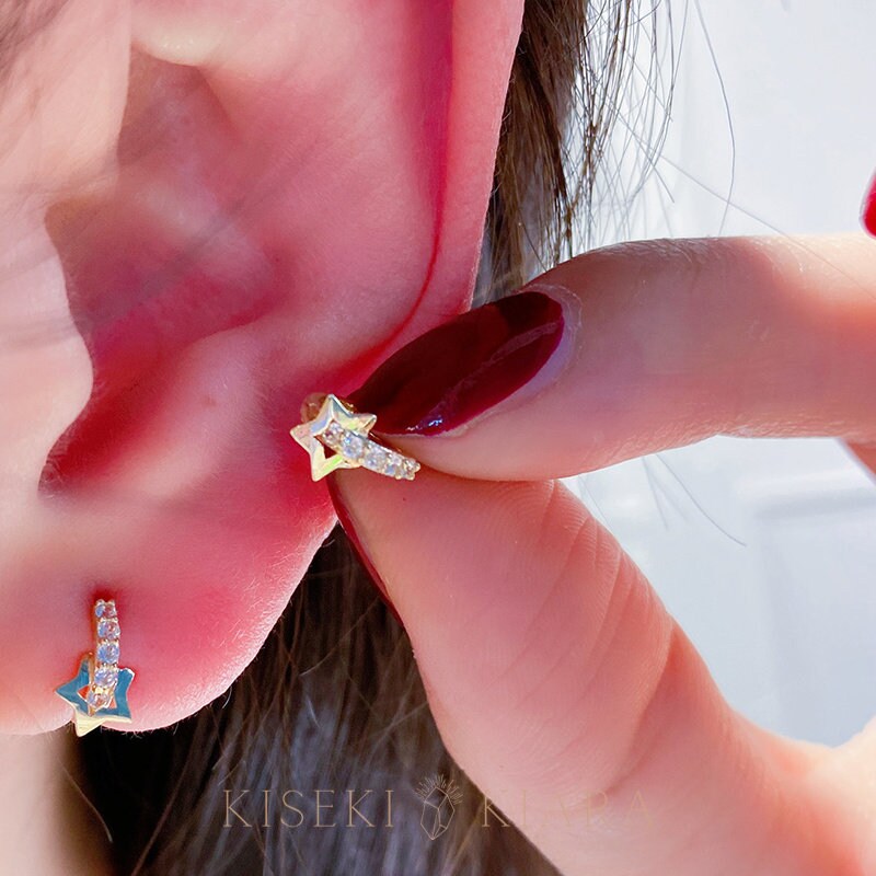 10k Real Gold Sparkly Star Helix Earring, Star Cartilage Piercing, Small Cartilage Hoop, 5mm Helix Huggie, Second Lobe Earring, 2nd Ear Hole