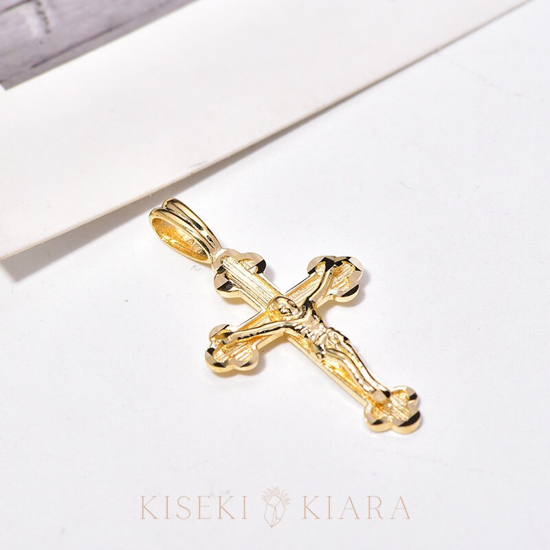 14K Solid Gold Holy Cross Catholic Crucifix Pendant, Celtic Cross Catholic, Jesus Christ Necklace, Dainty Religious Christ Cross Chain