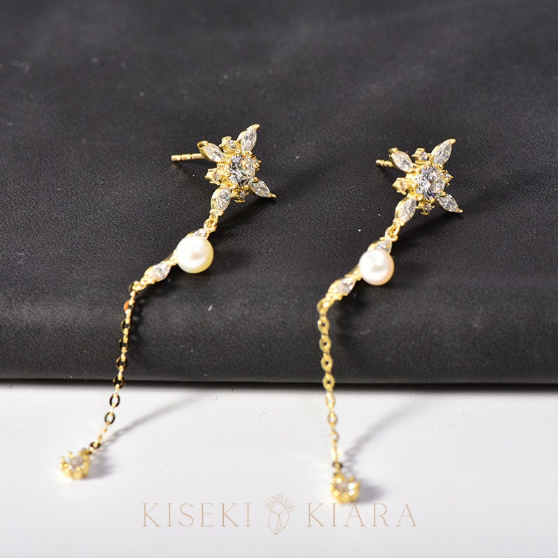 10k Real Gold Long Crystal Drop Earrings, Dainty Chain Earrings, Delicate Swarovski Diamond Drop Earrings, Freshwater Pearl Threader Earring