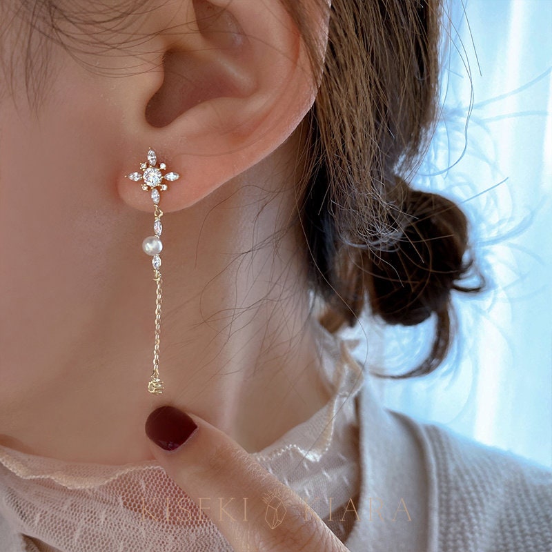 10k Real Gold Long Crystal Drop Earrings, Dainty Chain Earrings, Delicate Swarovski Diamond Drop Earrings, Freshwater Pearl Threader Earring