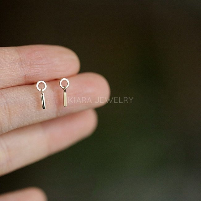 Simple Circles and Bars Drop Earrings, Solid 9 Karat Gold Drop Earrings with Bar, Short 9 Karat Gold Drop Earrings