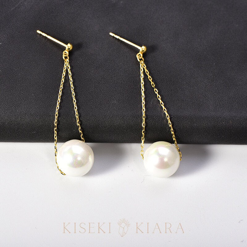 10k Solid Gold Ivory Big Pearl Chain Earrings Bridal, Large Pearl Stud Earrings, Wedding Pearl Drop Dangle Earrings, Elegant Pearl Earrings