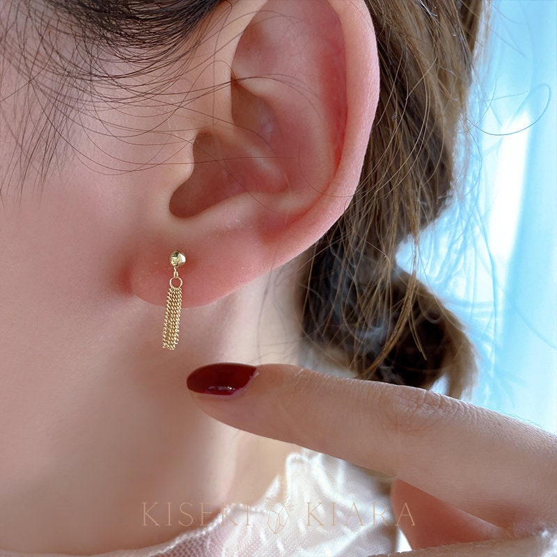 10k Solid Gold Dainty Short Tassel Earrings, Thread Chain Earrings, Small Yellow Tassel Earrings, Fringe Drop Earrings, Handmade Jewelry