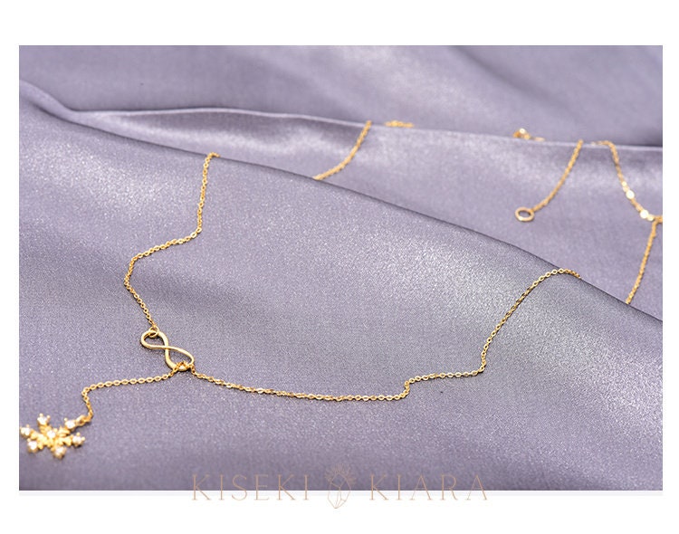 14k Gold Dainty Snowflake Lariat Necklace, Cz Diamond Snowflake Infinity Chain Necklace, Frozen Snowflake Drop Pendant, Snowflake Locket