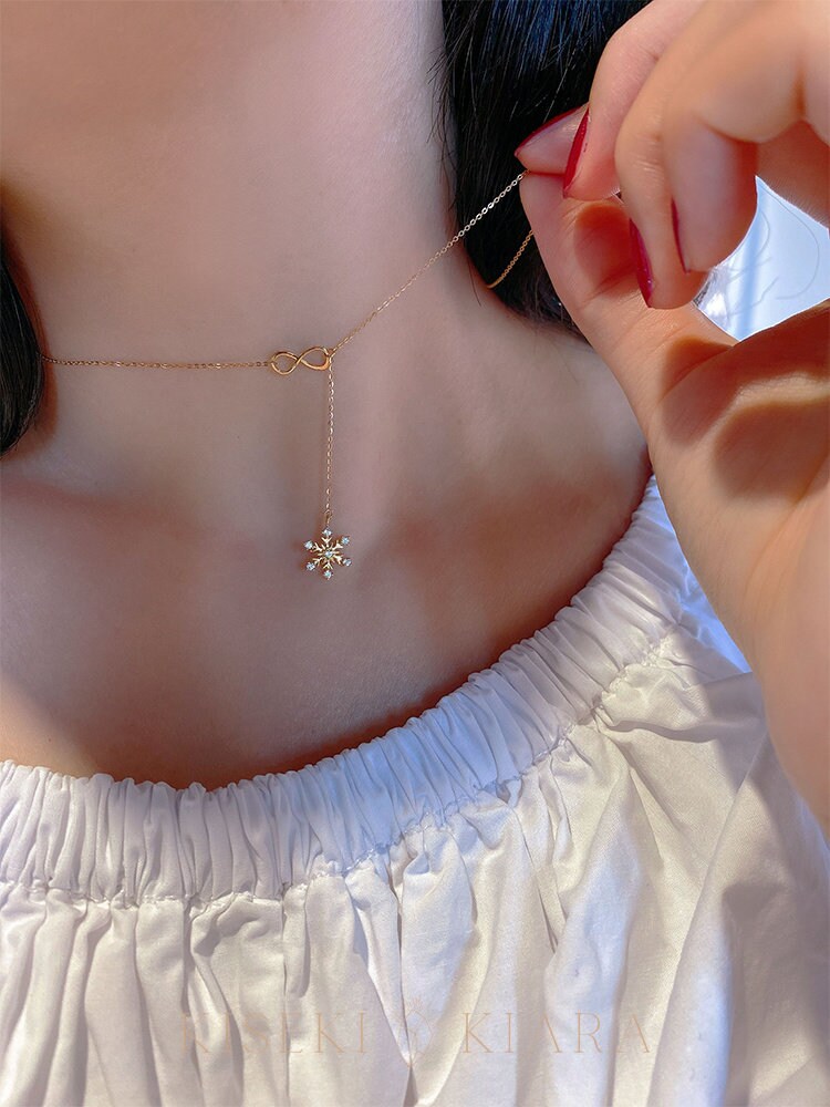 14k Gold Dainty Snowflake Lariat Necklace, Cz Diamond Snowflake Infinity Chain Necklace, Frozen Snowflake Drop Pendant, Snowflake Locket