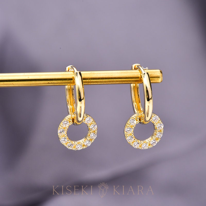 10k Real Gold Circle Ring Cz Diamond Drop Earrings, Lightweight Hoop Earrings, Casual Huggies, Minimalist Daily Earrings, Hypoallergenic