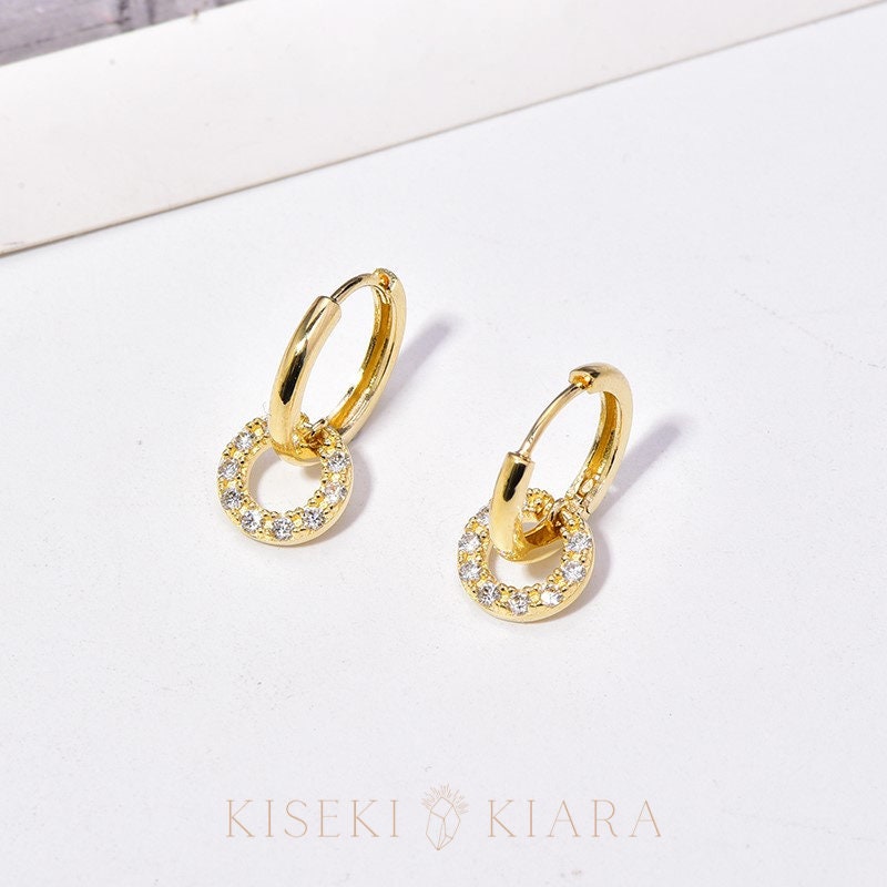10k Real Gold Circle Ring Cz Diamond Drop Earrings, Lightweight Hoop Earrings, Casual Huggies, Minimalist Daily Earrings, Hypoallergenic