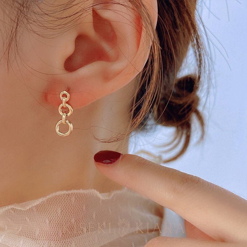 10k Solid Gold Three Rings Drop Earrings, 3 Circles Unique Lightweight Studs, Round Circle Shape Minimalist Daily Earrings, Casual Earrings