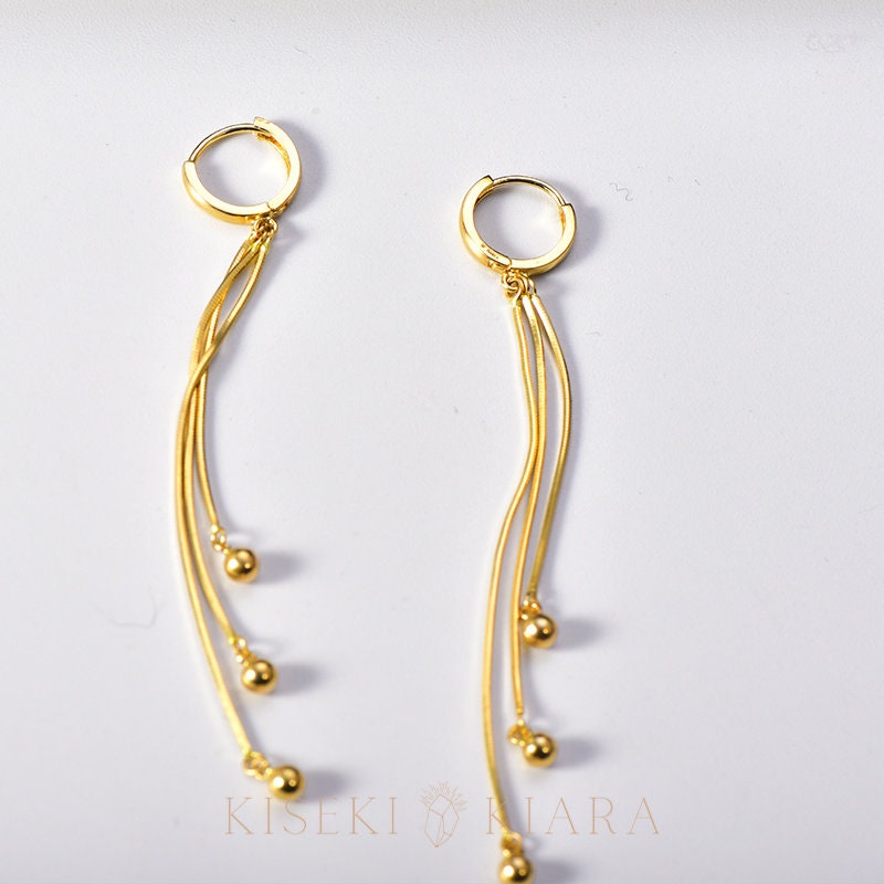 10k Solid Gold Triple Linear Bar Dangle Drop Earrings, Dangling Hoop Earrings, Hanging Loop Earrings, Dangly Earring, Long Statement Earring