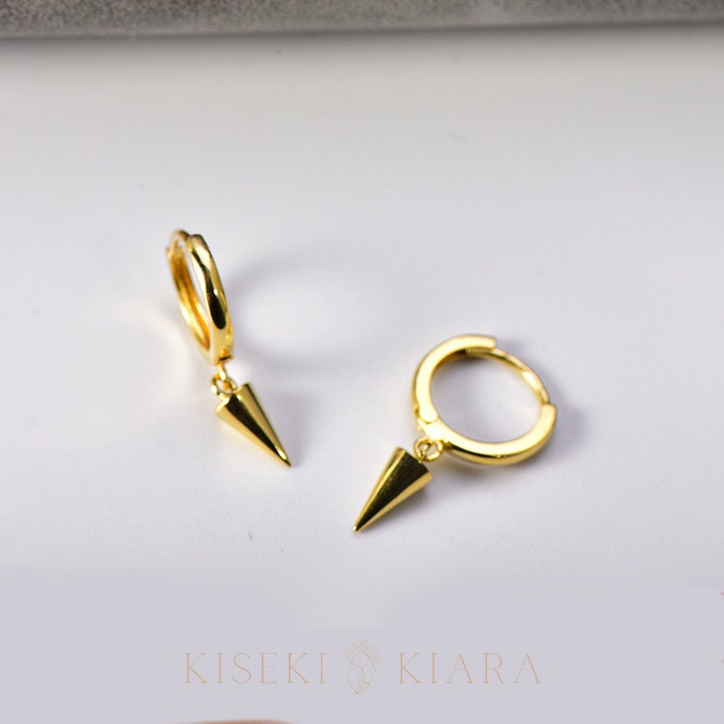 10k Solid Triangle Drop Hoop Earrings, Geometric Dangle Earrings, Mens Huggie Hoops, Hippy Spike Earrings For Guys, Hanging Earrings Male