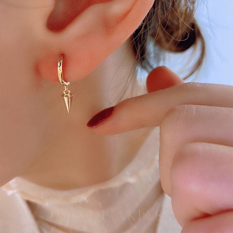 10k Solid Triangle Drop Hoop Earrings, Geometric Dangle Earrings, Mens Huggie Hoops, Hippy Spike Earrings For Guys, Hanging Earrings Male