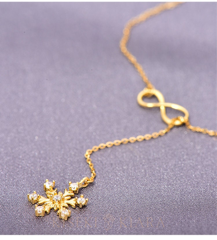 14k Gold Dainty Snowflake Lariat Necklace, Cz Diamond Snowflake Infinity Chain Necklace, Frozen Snowflake Drop Pendant, Snowflake Locket
