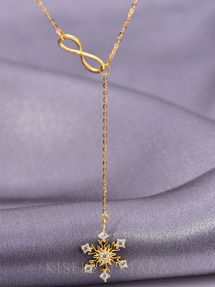 14k Gold Dainty Snowflake Lariat Necklace, Cz Diamond Snowflake Infinity Chain Necklace, Frozen Snowflake Drop Pendant, Snowflake Locket