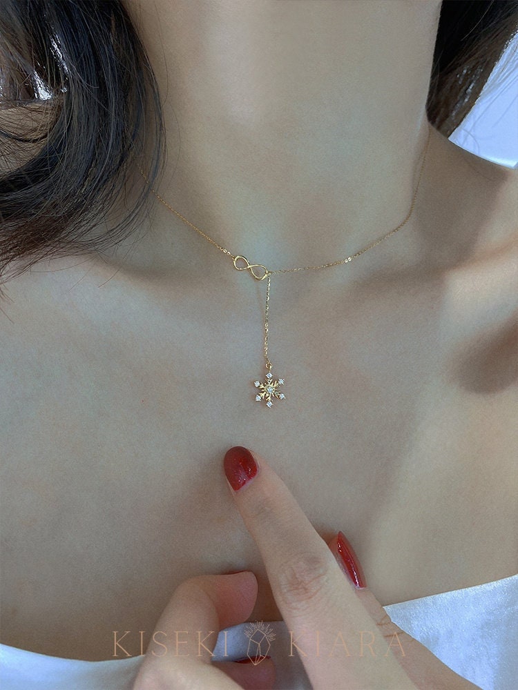 14k Gold Dainty Snowflake Lariat Necklace, Cz Diamond Snowflake Infinity Chain Necklace, Frozen Snowflake Drop Pendant, Snowflake Locket