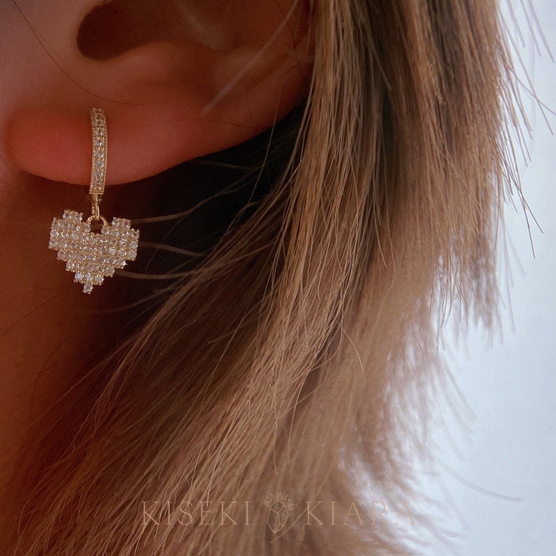 10k Solid Gold Cz Diamond Lego Heart Hoop Earrings, Dangle Heart Shaped Hoops, Love Heart Charm Drop Earrings, Valentine's Day Gift for Her