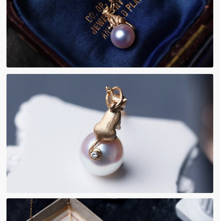 Cat Stuff For Cat Lovers: Naughty Cute 3D Cat Pendant, Japanese Akoya Seawater Pearls, 18k Yellow Gold, Gifts For Cat Owners, Cute Necklace