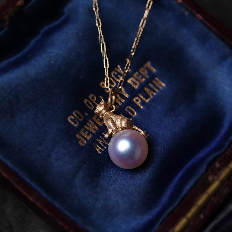 Cat Stuff For Cat Lovers: Naughty Cute 3D Cat Pendant, Japanese Akoya Seawater Pearls, 18k Yellow Gold, Gifts For Cat Owners, Cute Necklace