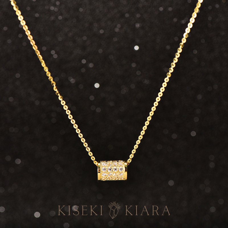 14k Solid Gold Cz Diamond Cylinder Pendant Necklace, Cylindrical Link Chain Necklace Rod, Women's Dainty Necklace, Everyday Choker Necklace