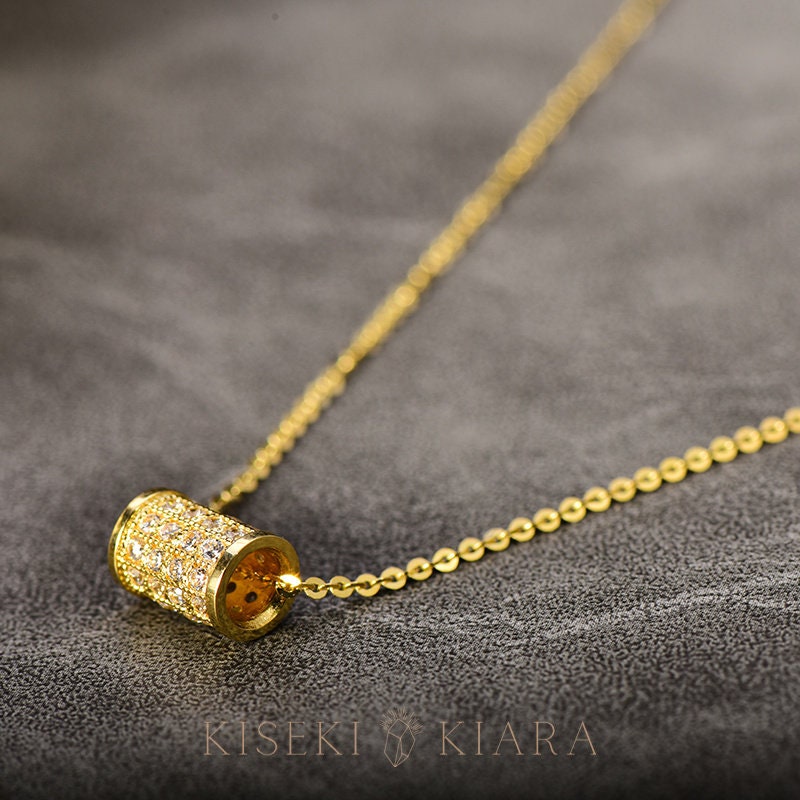 14k Solid Gold Cz Diamond Cylinder Pendant Necklace, Cylindrical Link Chain Necklace Rod, Women's Dainty Necklace, Everyday Choker Necklace