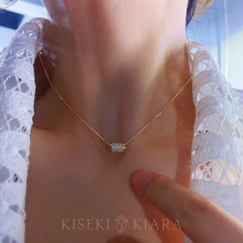 14k Solid Gold Cz Diamond Cylinder Pendant Necklace, Cylindrical Link Chain Necklace Rod, Women's Dainty Necklace, Everyday Choker Necklace