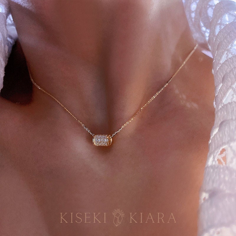 14k Solid Gold Cz Diamond Cylinder Pendant Necklace, Cylindrical Link Chain Necklace Rod, Women's Dainty Necklace, Everyday Choker Necklace