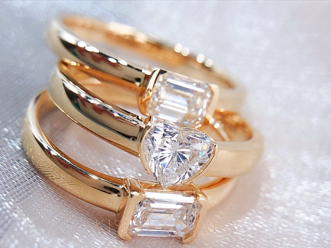 0.5ct Heart Shape Diamond Wide Band, Emerald Diamond Anniversary Ring, Alternative Engagement Ring, Affordable Half Carat Diamond Ring