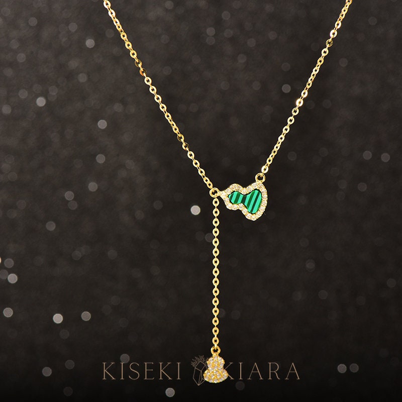14k Solid Gold Green Bottle Gourd Chain Drop Necklace Pendant Of Prosperity, Calabash Hulu Pendant, Wu Lou Feng Shui Lucky Charm Necklace