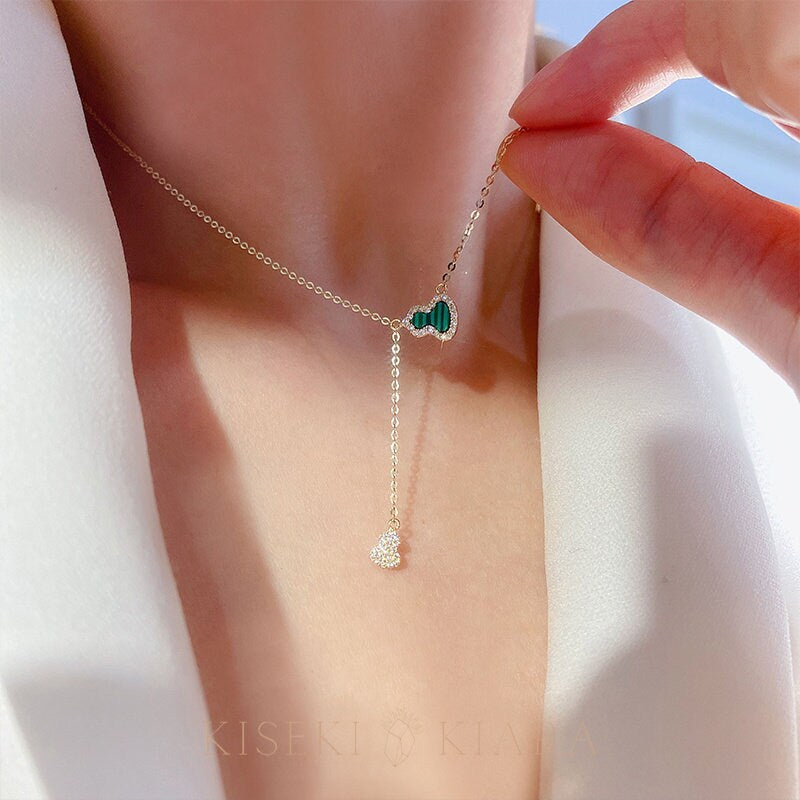 14k Solid Gold Green Bottle Gourd Chain Drop Necklace Pendant Of Prosperity, Calabash Hulu Pendant, Wu Lou Feng Shui Lucky Charm Necklace