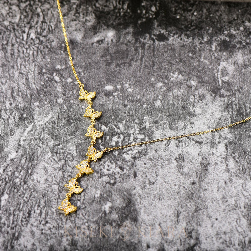 14k Gold Many Diamond Butterfly Chain Necklace, Butterfly Y Shaped Necklace, Lariat Y Drop Necklace, Butter Flutter Statement Necklace