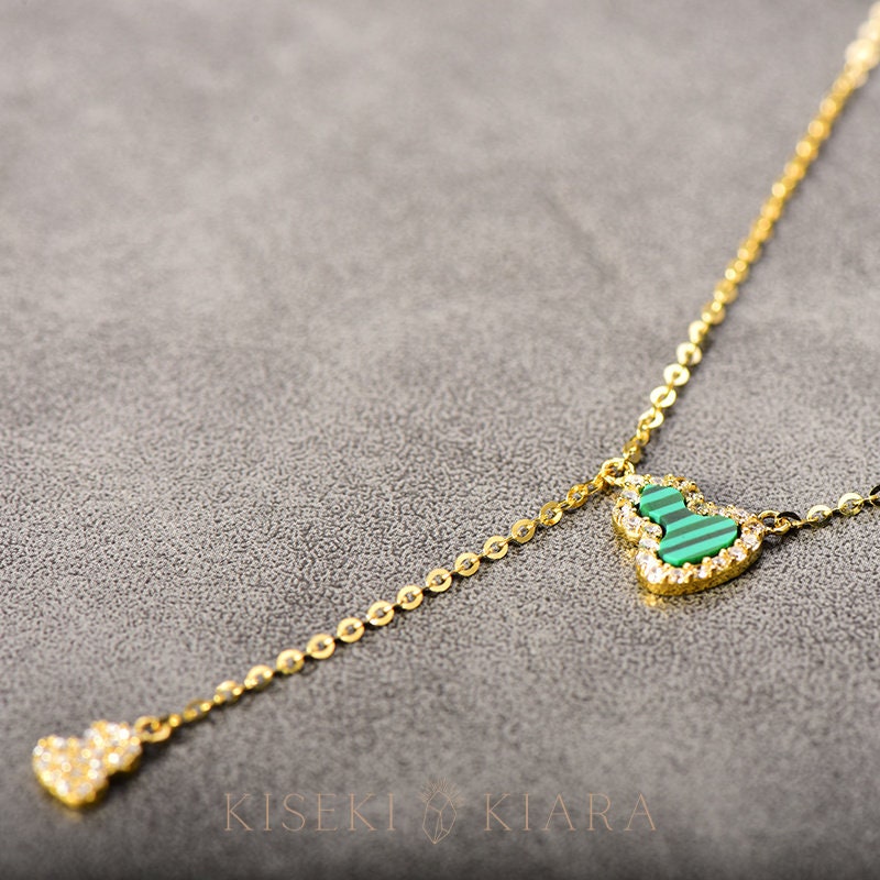 14k Solid Gold Green Bottle Gourd Chain Drop Necklace Pendant Of Prosperity, Calabash Hulu Pendant, Wu Lou Feng Shui Lucky Charm Necklace