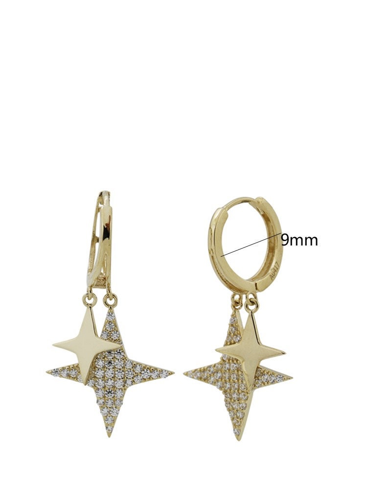10k Solid Gold Four Pointed Star Hoop Drop Earrings | Hypoallergenic | Sparkling and Celestial Design | Eye-catching Statement Piece