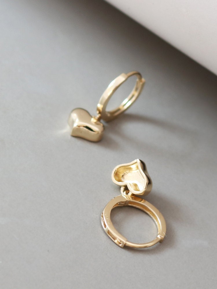 10ct Solid Gold Charming Mini Heart Drop Hoop Earrings | Handcrafted Jewelry | Hypoallergenic | Delicate Gift | Dainty and Romantic Design
