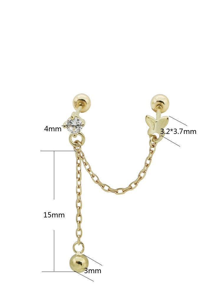 10k Gold Butterfly Double Piercing Cartilage Studs, Screw Back Threader Closure, Dangle Drop Style, Lobe Helix Connecting Chain Earrings